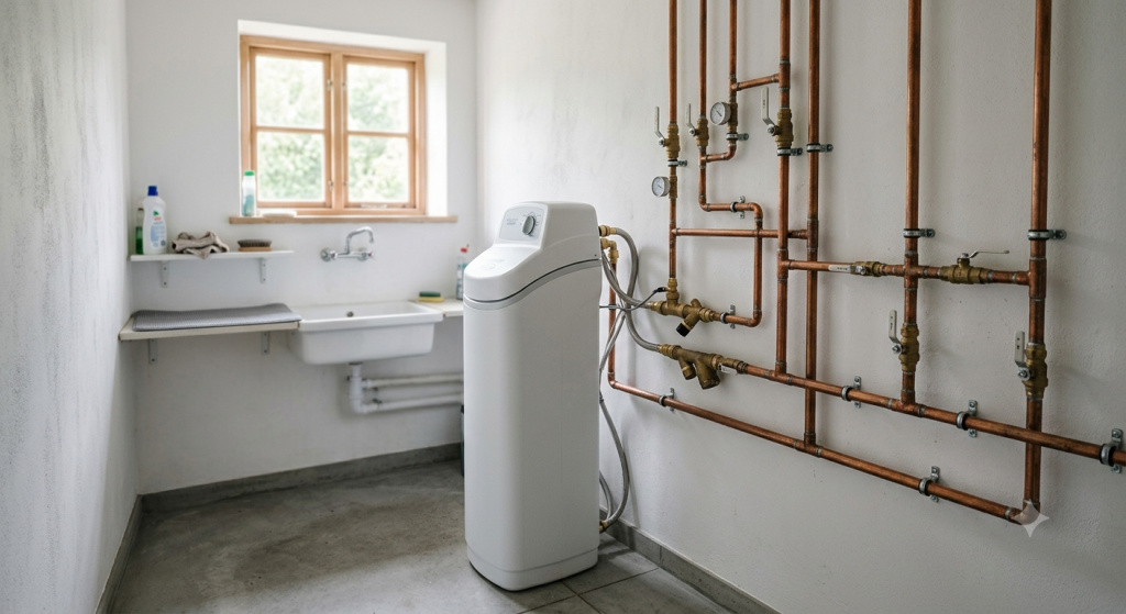 Whole-house water softener unit installed in a utility room with stone foundation walls