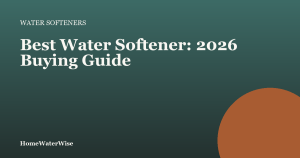 HomeWaterWise branded graphic for the best water softener buying guide, teal and copper design