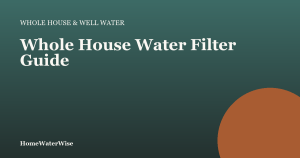 HomeWaterWise branded graphic for the whole house water filter buying guide, teal and copper design